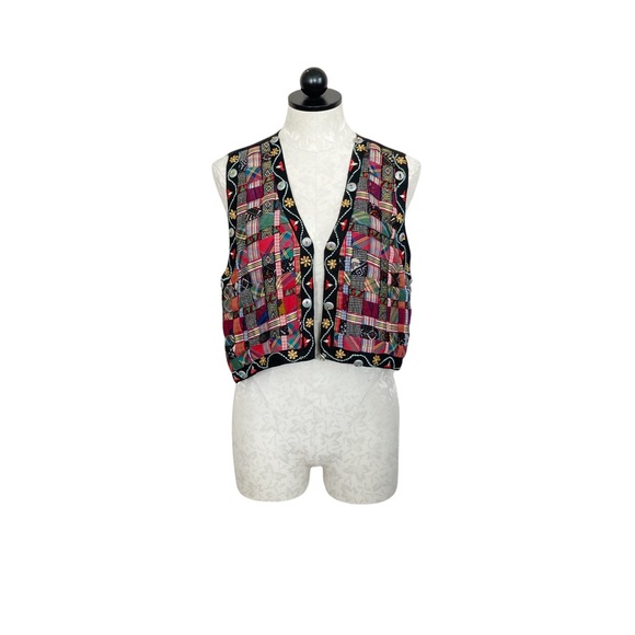 Vintage Jou Jou Embellished Silk Ribbon Plaid Button Ornate Vest - Picture 9 of 9